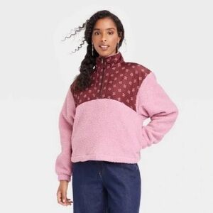 Universal Thread Pink Floral Colorblock Quarter-Zip Sherpa Pullover Jacket